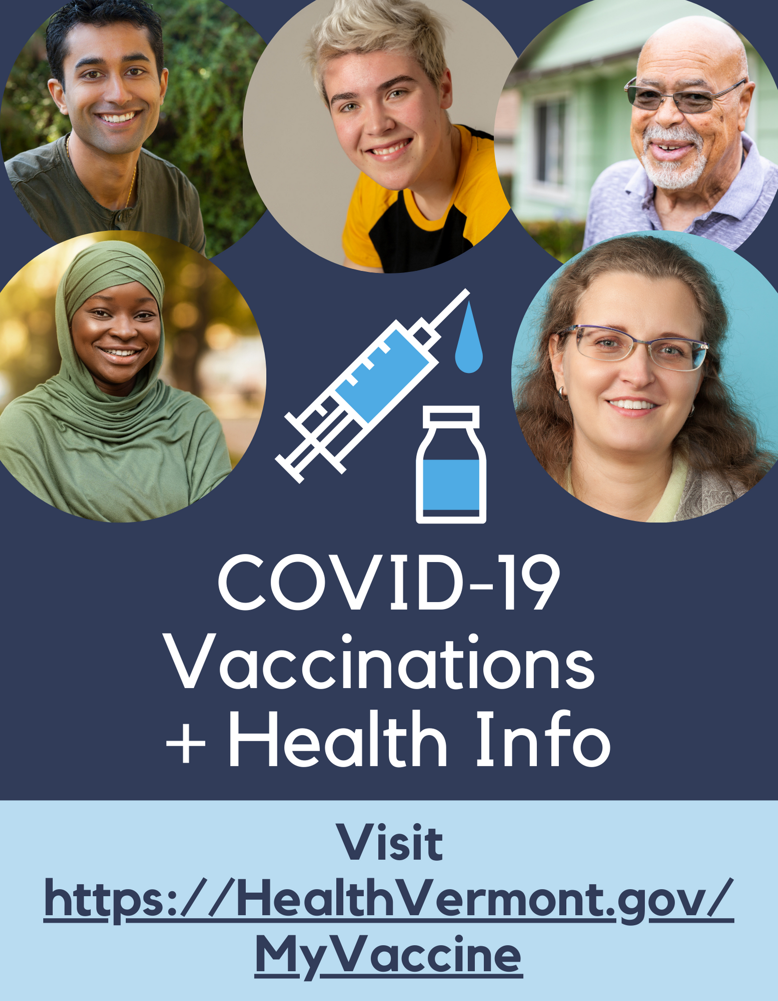 Graphic that says COVID vaccinations and health info