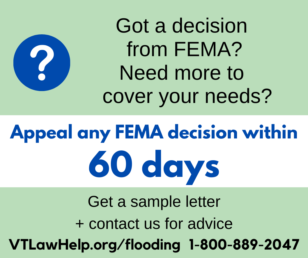 Graphic says to appeal FEMA decisions within 60 days. Text description follows image.