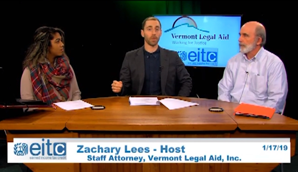 Screenshot of Zach Lees of Vermont Legal Aid talking about the Earned Income Tax Credit. Link opens video in YouTube.