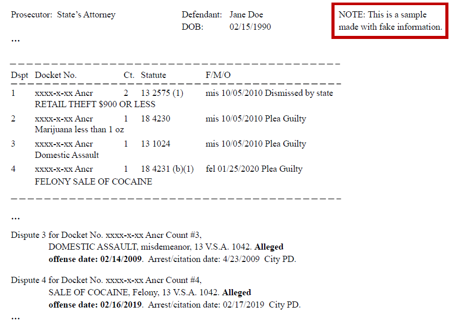 Sample docket sheet