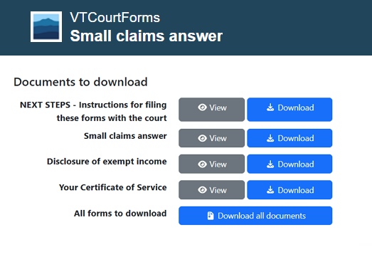 Screenshot of small claims answer download screen