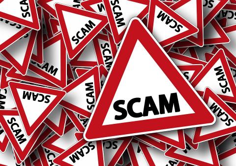Graphic with signs that say scam