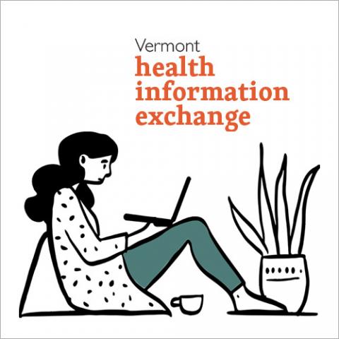 Illustration of a woman on a computer with the words "Vermont Health Information Exchange"