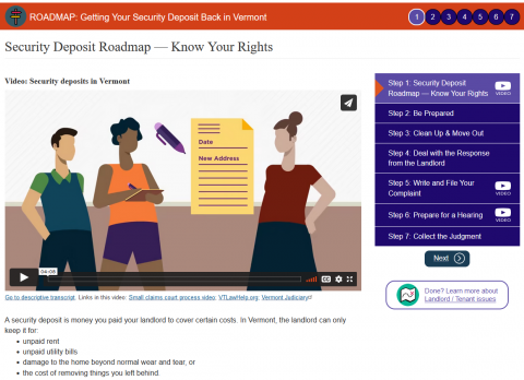 Screenshot of the security deposit roadmap showing a video and colorful navigation