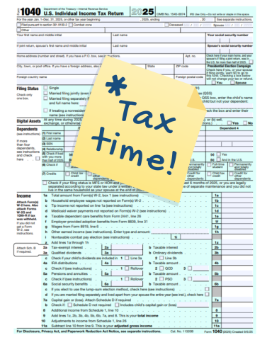 A note on top of an IRS tax form says: Tax time!